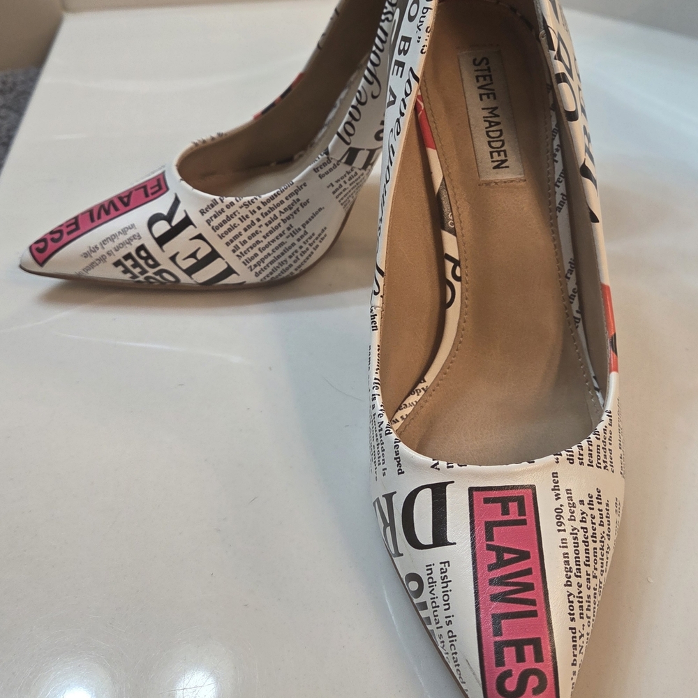 Steve Madden Women's Text Print Heels - Black, Pink, White - Picture 2 of 4